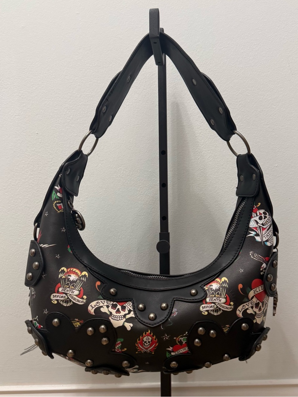 NWOT - Ed Hardy Vintage Y2K Tattoo Skull Print Studded Hobo Bag/Shoulder Bag